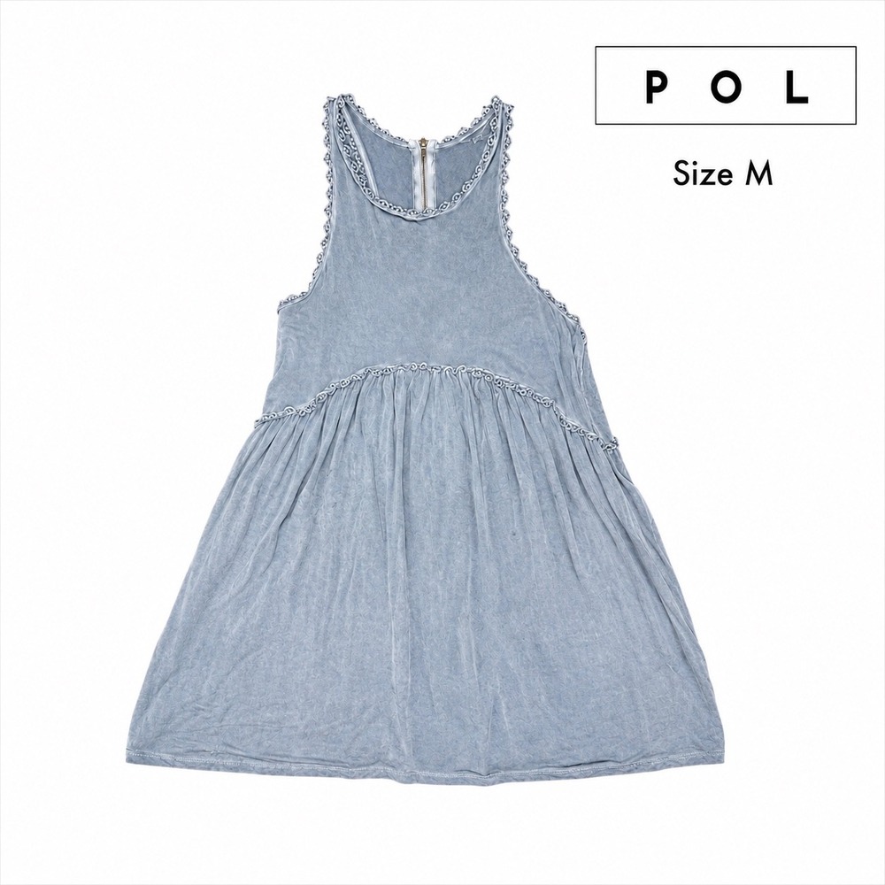 POL Mineral Wash Sleeveless Babydoll Dress Blue Gray Crochet Trim Size M